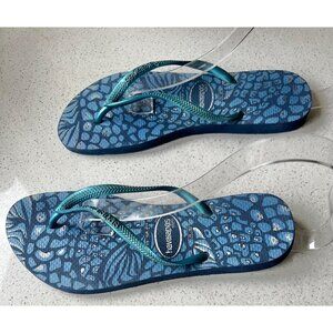 Havaianas Slim Womens Size 7/8 Flip Flops Metallic Aqua Blue Summer Sandals